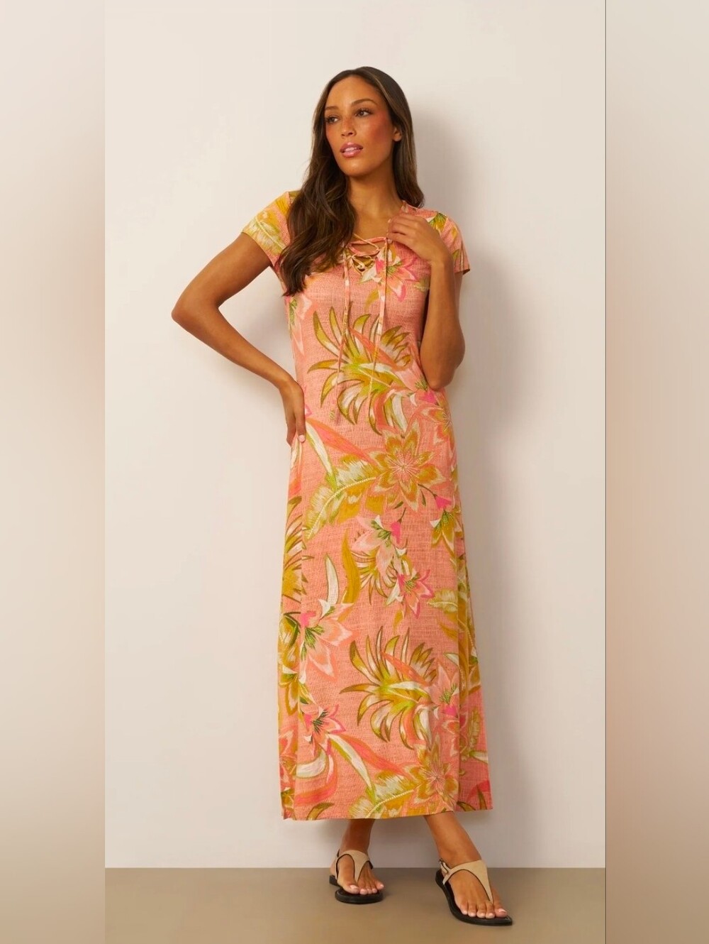 Cupio Coral Tropical Lace-Up Maxi Dress